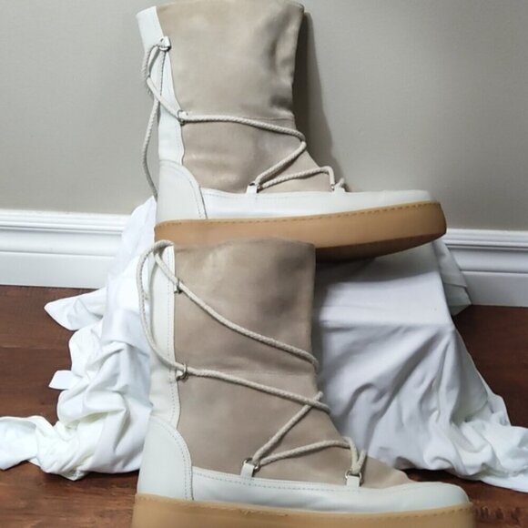 ZARA Split Suede Leather Lace up boots sz 41 Beige White sz 10 US - Picture 5 of 13